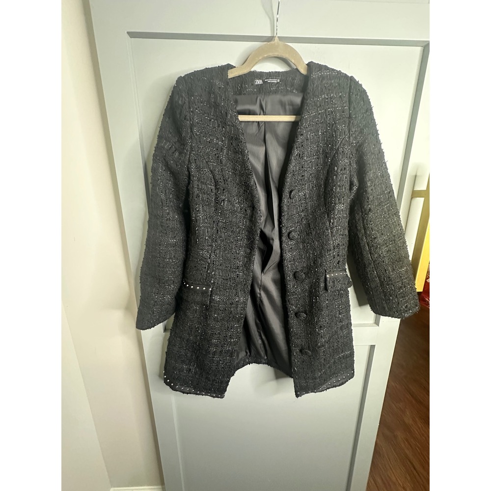 Zara Black Tweed Boucle Longline Blazer Studded Pocket Jacket XS
